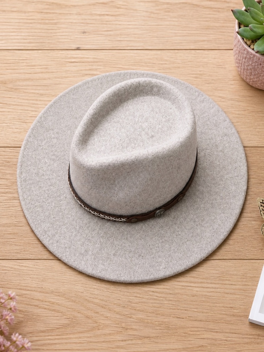 Light Gray Wool Fedora Hat with Brown Band
